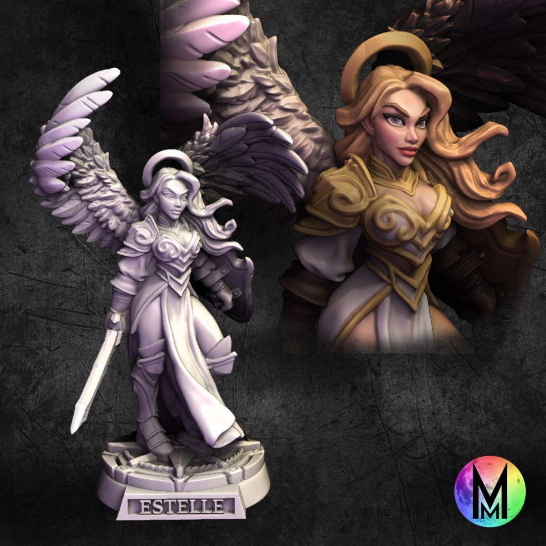 Female Paladin Aasimar - Estelle the Female Paladin ( Female Paladin with wings/ angel Paladin with sword and shield ) (Female Paladin/ fighter with wings)